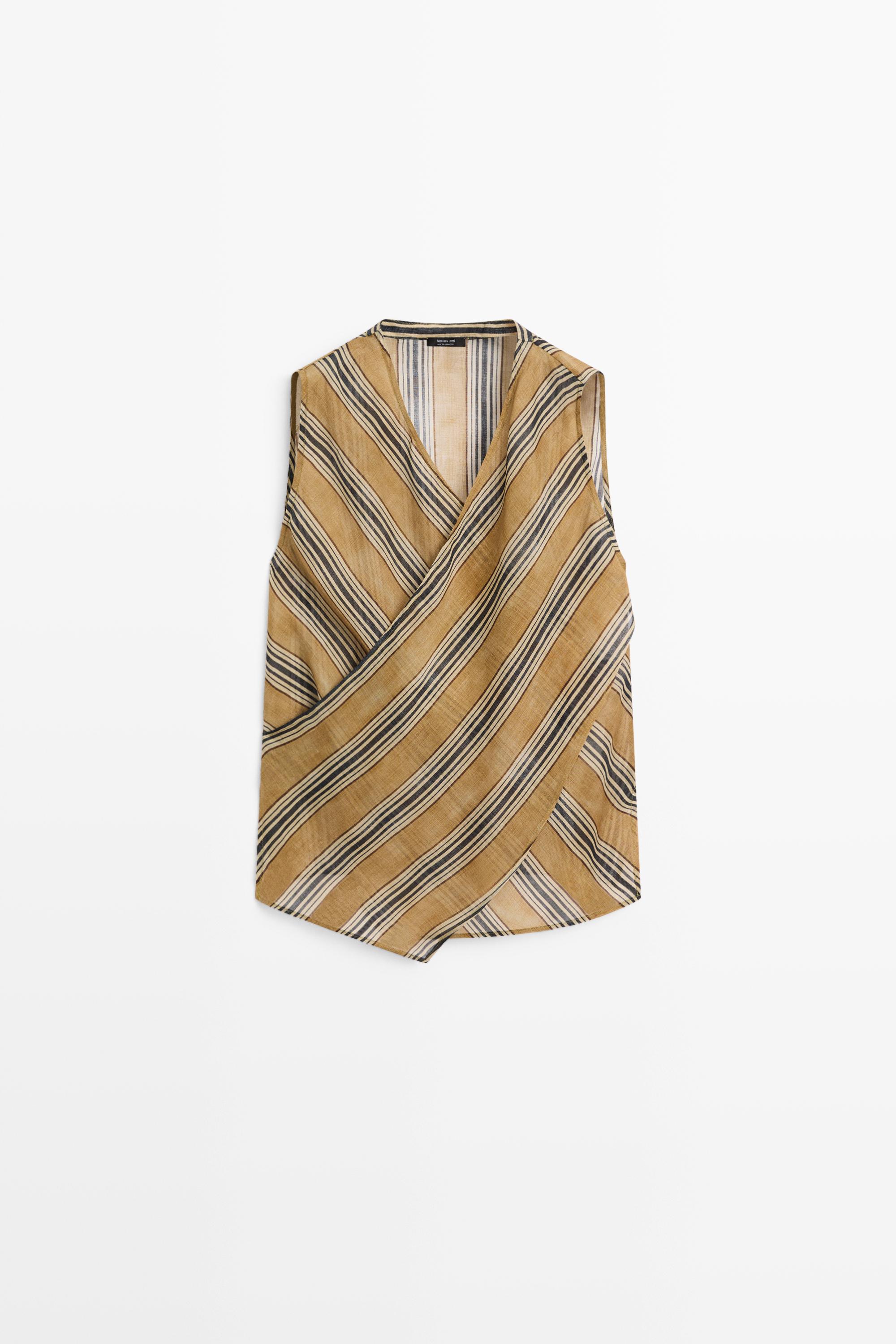 Flowing striped ramie blend wrap top